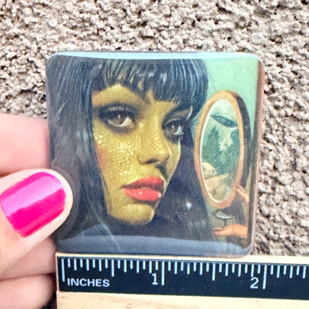 Handmade Retro Sci-Fi Green Reptilian Mirror Surreal Square Magnet 2 Inch